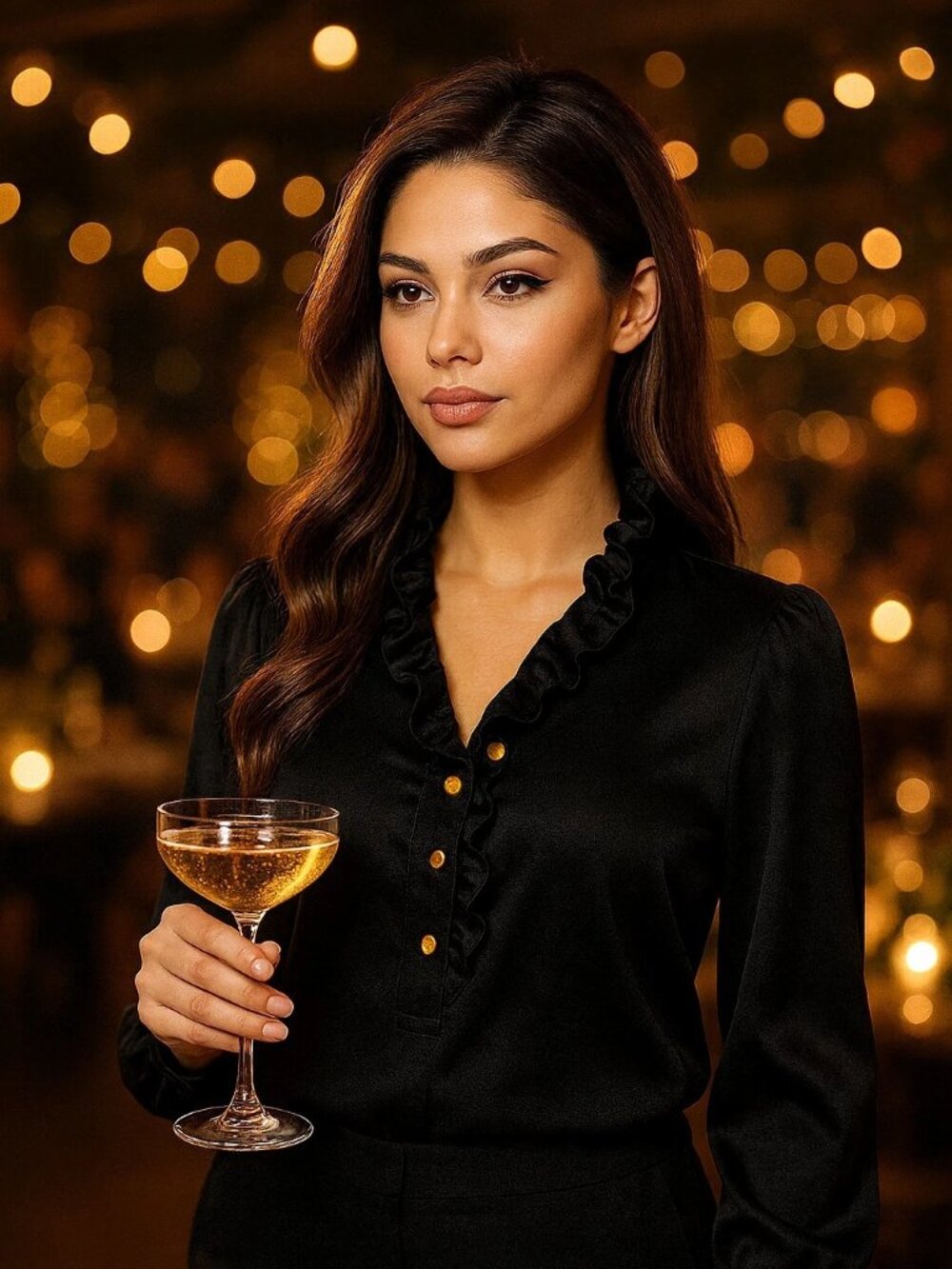 Aleeza Paris Black Satin Ruffled Blouse With Gold Buttons Size Medium BNWT NWT